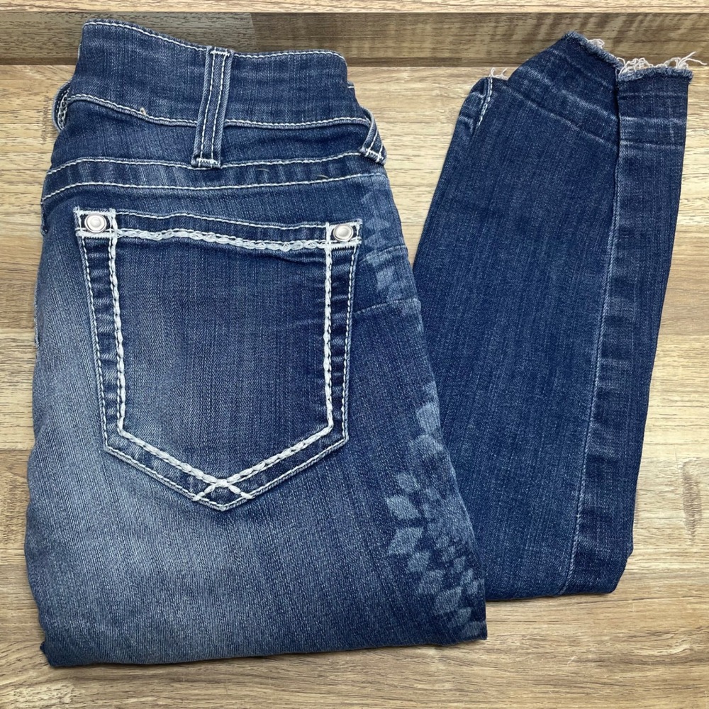 Ariat REAL Denim Skinny Jeans Blue Medium Wash Etched Aztec Raw Frayed Hem 28